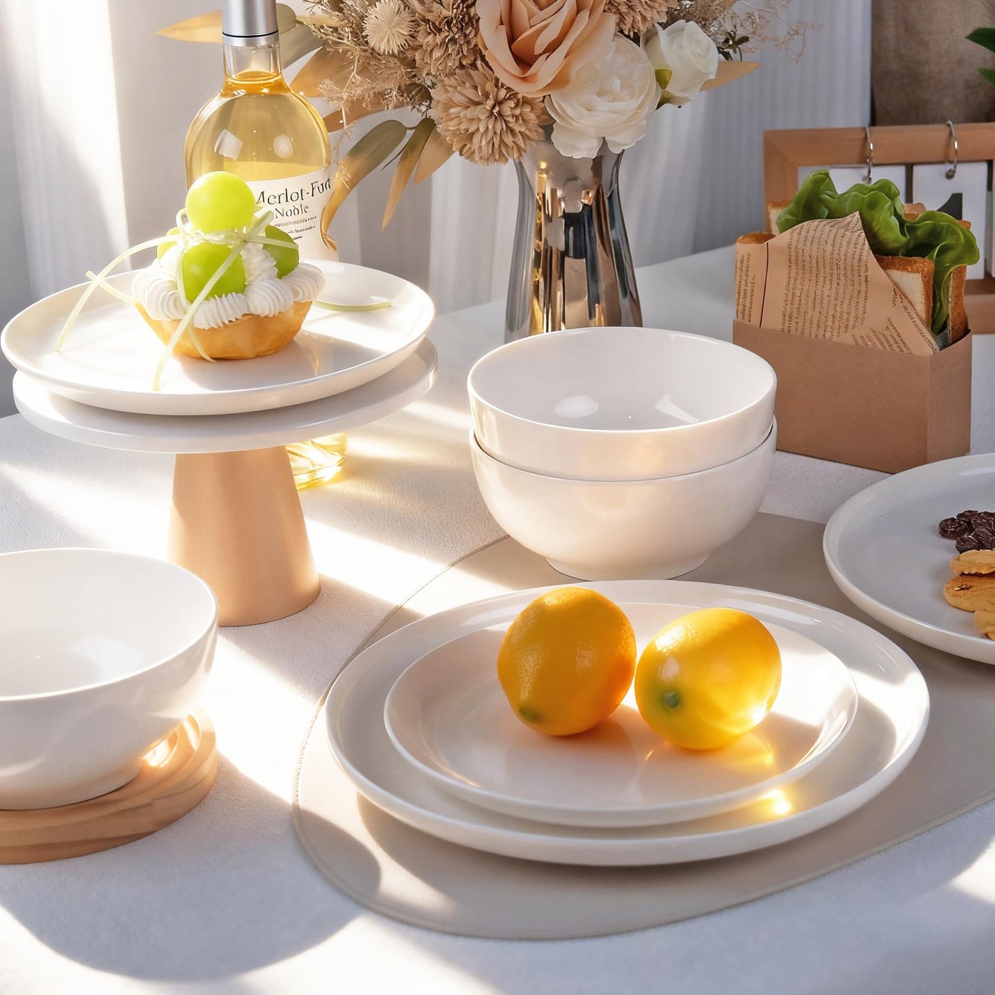 Anveena Dinnerware Set for 4, 12 Piece Plates and Bowls Set, White Porcelain Dish Set Microwave Safe Dishwasher Safe Chip Resistant for Everyday Dining