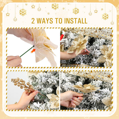 Alupssuc 24 Pieces Christmas Tree Decorations, 12 PCS Gold Poinsettia Flowers Artificial and 12 PCS Glitter Christmas Tree Picks for Christmas Decorations Party Wreath Fireplace Stairs, Gold