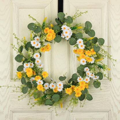 YUGALI 22" Spring Summer Wreath for Front Door Artificial Green Eucalyptus Yellow White Daisy Flower Lavender Sage Handmade Farmhouse Outdoor Indoor Wedding Home Decor