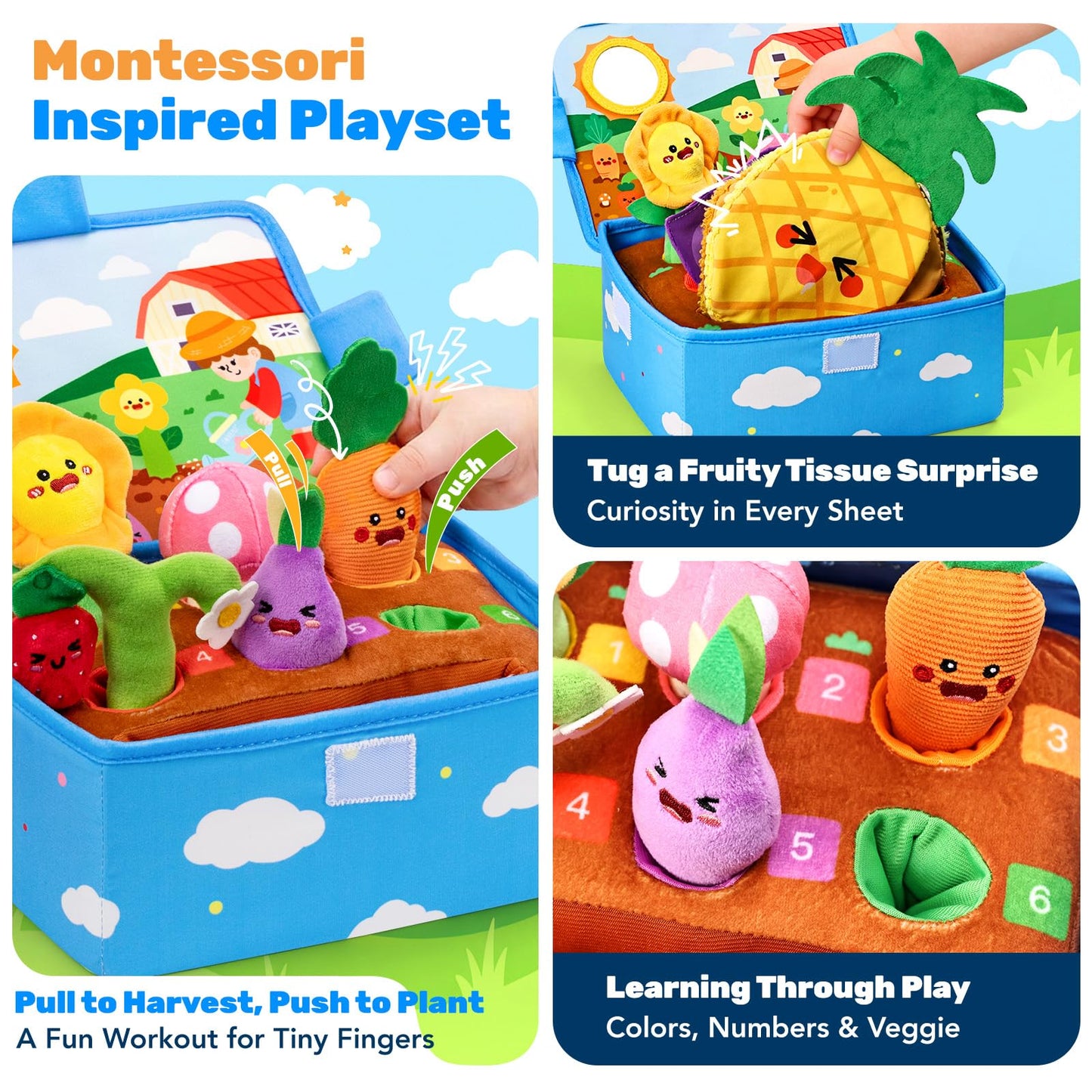 Baby Toys 6-12 Months, Montessori Sensory Garden Plush Set Vegetable Fruits, Baby Developmental Learning Toys with Rattle Squeaker Mirror Texture Tissue, Gifts for 6+ month old Boy Girl Christmas