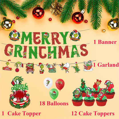 33pcs Christmas Balloons Decoration Set,Xmas Theme Party Balloons Decorations,Red Green Balloons,Christmas Banners,Card Placement Kit