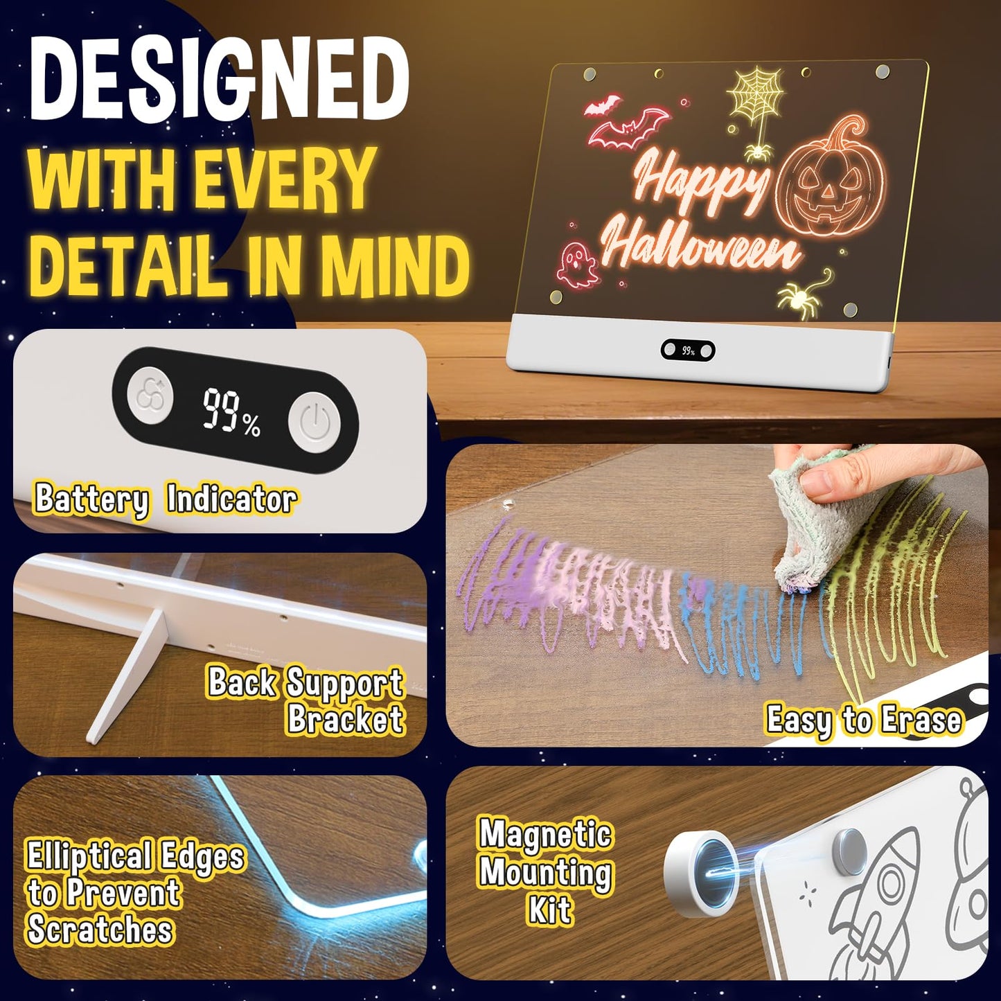 High Grade Led Drawing Board for Kids with 8 Light Effects, 16" Rechargeable Wireless Dry Erase Glow Note Doodle Pad, Acrylic Dry Erase Board with Stand, 2026 Birthday Gifts for Boys & Girls Ages 3–12