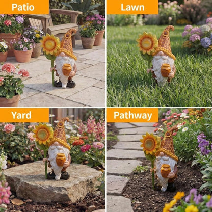 Lyeasw Solar Garden Gnome Statues with Sunflower Light - Outdoor Yard Decor - Honey Pot Gnome Figurines for Patio Lawn Walkway & Backyard, Unique Welcome Garden Gifts for Mom & Grandma