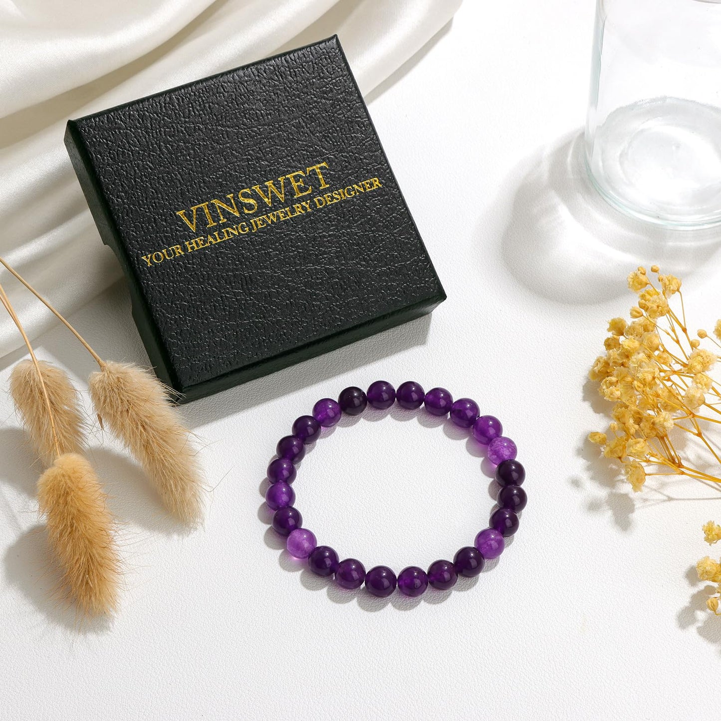 Vinswet Healing Crystal Bracelets for Women Men 8mm Amethyst Natural Stone Beaded Stretch Bracelet Handmade Gemstone Reiki Spiritual Jewelry Gifts