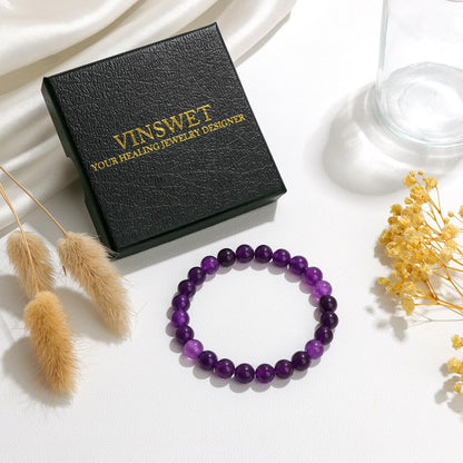 Vinswet Healing Crystal Bracelets for Women Men 8mm Amethyst Natural Stone Beaded Stretch Bracelet Handmade Gemstone Reiki Spiritual Jewelry Gifts
