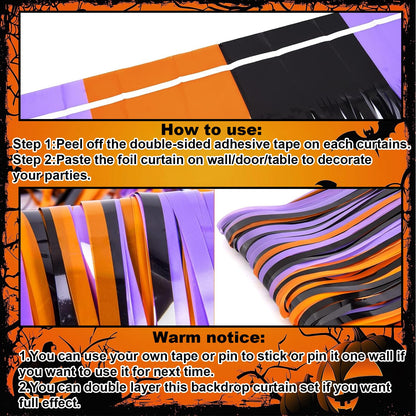 3 Packs 3.3ft x 6.6ft Orange Purple Black Metallic Tinsel Foil Fringe Curtains Photo Booth Props for Halloween Birthday Bridal Shower Baby Shower Bachelorette Holiday Celebration Party Decorations
