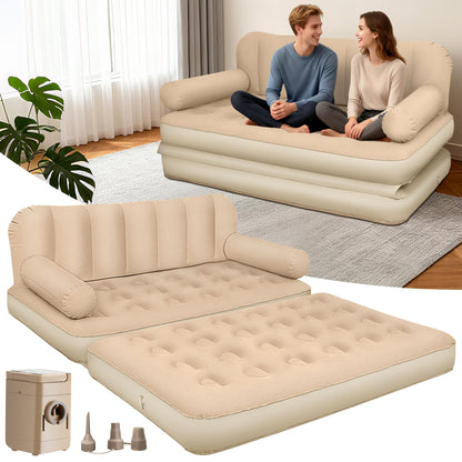 ChlorBlu Queen Size Air Sofa Bed Mattress with Headboard and Pump, Flocked Surface Blow Up Couch Inflatable Bed for Home,Folding Inflatable Couch for Camping, 2-in-1 Valve Inflatable Sofa 73"x61"x32''