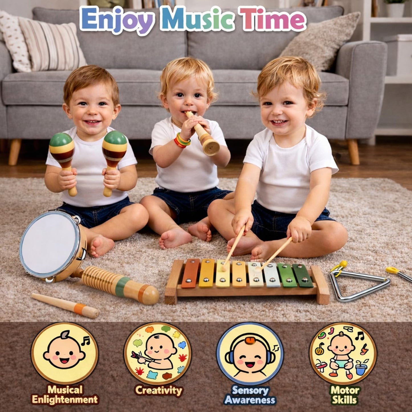 Baby Musical Instruments Set - Montessori Wooden Baby Musical Toys, Toddler Percussion Instruments Xylophone Maracas Tambourine for Toddlers 1-3, 1 2 3 Year Old Girls Boys Birthday Music Toys Gifts