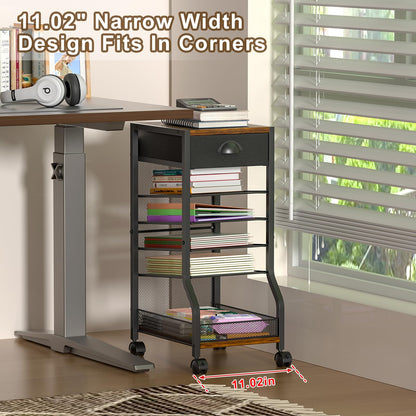 keomaisyto 6-Tier Rolling File Cart with Drawer, Under Desk Storage with Paper Letter Sliding Trays, Standing File Organizer with Wheels, Slim Workspace Organizers for Office/Home/School/Study