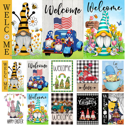 Set of 10 Gnome Seasonal Garden Flags,Double Sided 12 x 18 Inch Yard Flags, Small Garden Flags for Outside, Spring 4th of July Easter Seasonal Flags for Outdoor, Holiday Garden Flags for All Seasons