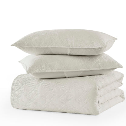 WDCOZY 100% Cotton Queen Size Quilt Set - Beige Pre-Washed Soft Lightweight Modern Bedspread, Farmhouse Country Rustic Coverlet, Textured Like Linen, Shabby Chic Gauze Bedding, 3 Pieces