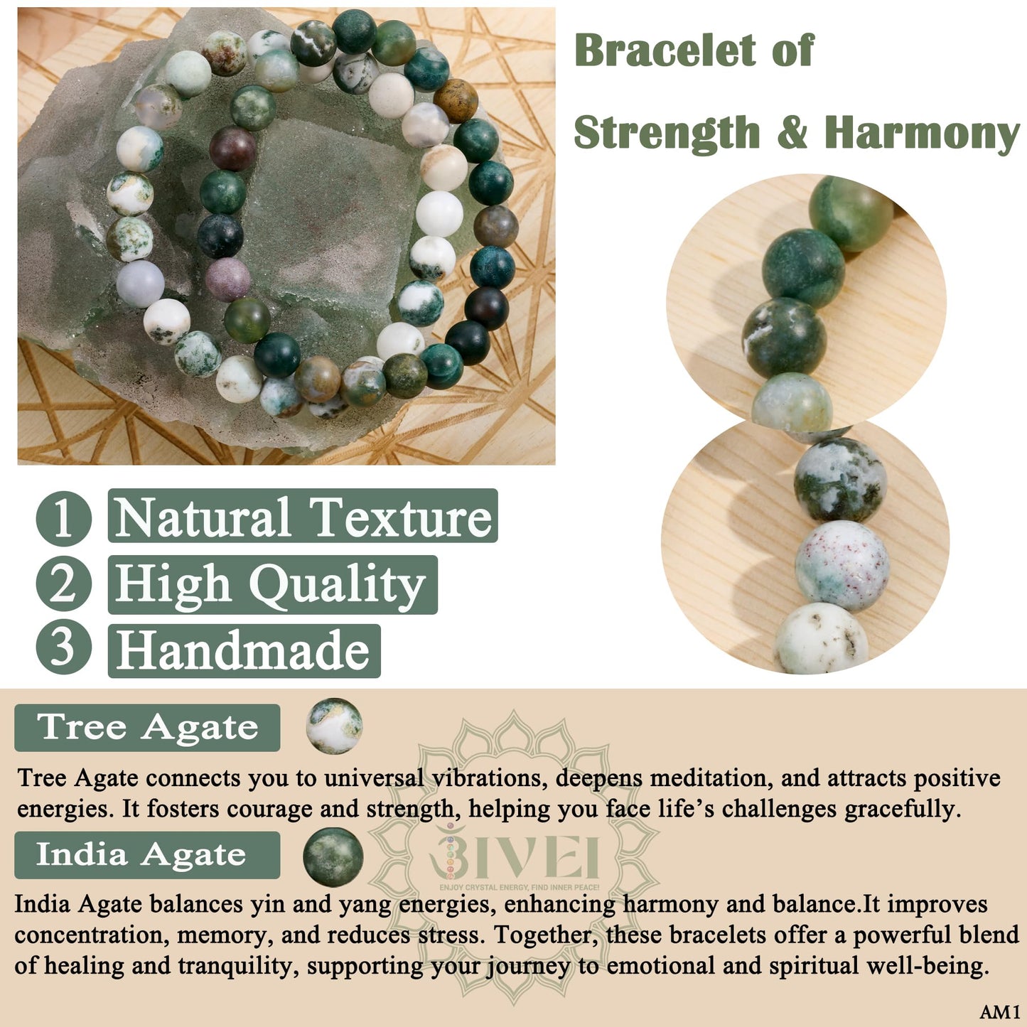 Bivei Natural Gemstone Semi Precious Crystals Handmade Stretchy Round Beads Bracelet, Enhance Positive Energy,Stocking Stuffers for Women(Tree Agate & India Agate(Strength & Harmony) Medium)
