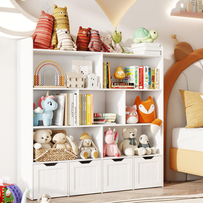 Gizoon Toy Storage Cabinet and Kids Bookcase with 4 Movable Drawers and 8 Open Shelves Toy Chest Shelf Organizer with Hidden Wheels for Playroom Nursery Kids Room, White