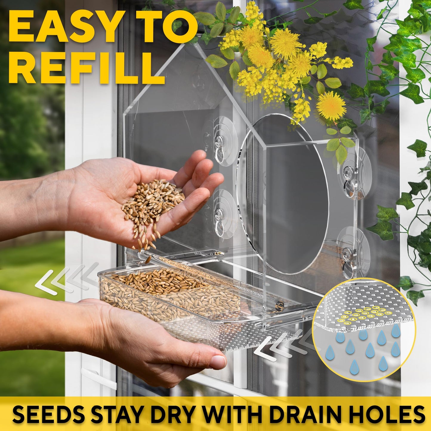 Premium Window Bird Feeder for Outside - Clear Bird House w/Largest Window for Viewing Birds - Easy to Install & Sturdy Feeder w/Extra Strong Suction Cups - Perfect for Kids, Adults and Cats