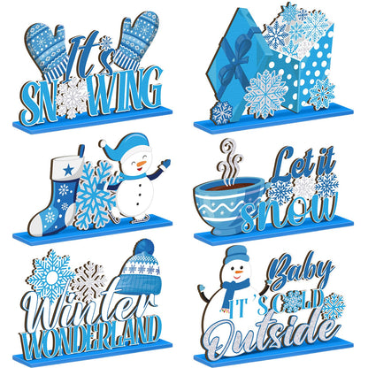 Suzile 6 Pcs Winter Wooden Table Decorations Snowflake Snowman Wooden Centerpieces for Party Winter It's Snowing Theme Christmas Birthday Party Baby Is Cold Outside Supplies