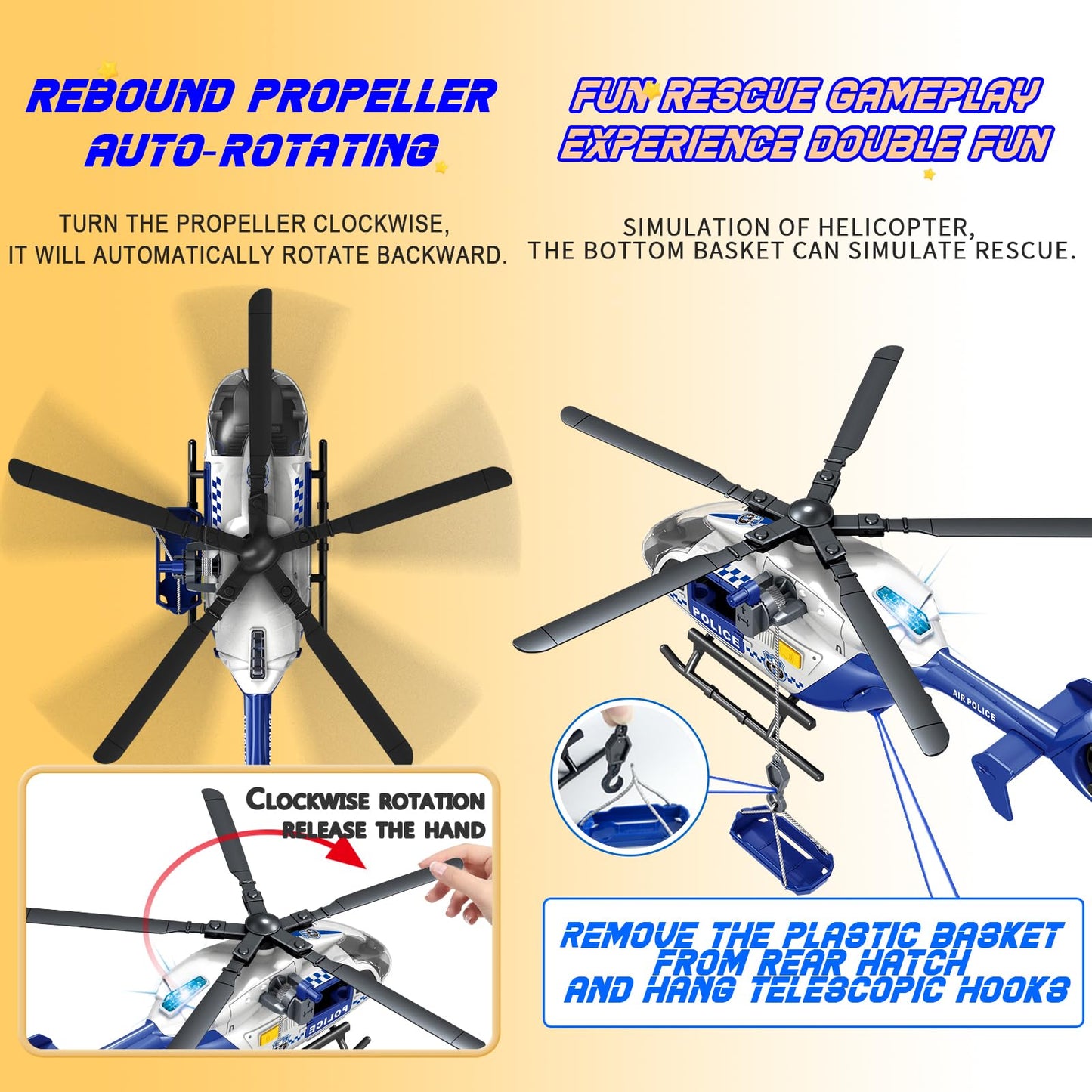 ANJARU Helicopter Toy with Lights and Sound,Simulative Rescue Helicopter Vehicles Toys for Kids Aged 3 and Up,Pull-Back Propeller Army Toys Toddler Kids Boys Gifts (Police Helicopter)