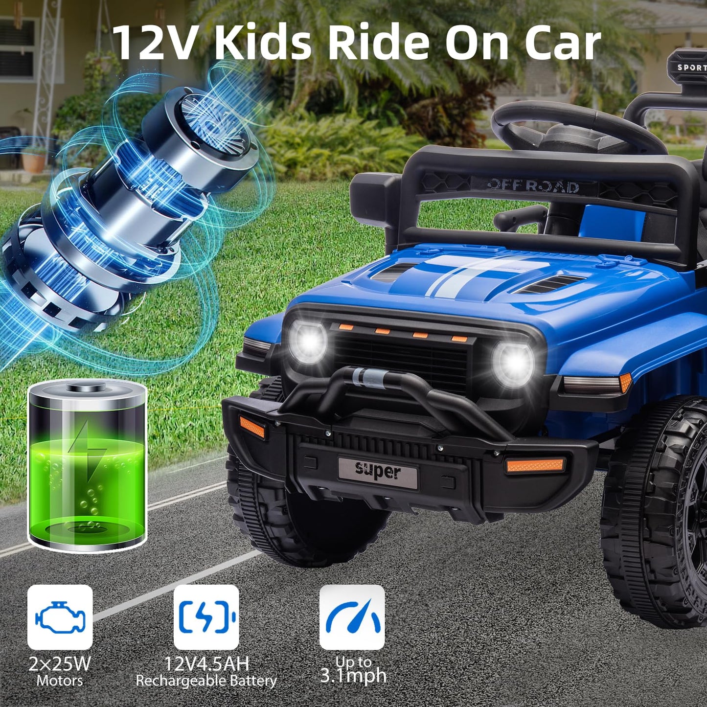Ride On Truck Car, 12V Ride On Toy w/Parent Remote Control, Steering Wheel Music, 4-Wheel Spring Suspension, Led Lights, 2 Speeds, Kids Electric Vehicles for Age 3-5, Blue