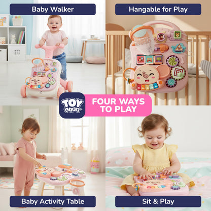 TOY Life 3 in 1 Baby Push Walker and Activity Center for Girl, Sit to Stand Walker for Babies 6-12 Months, Walking Toys with Music Panel for Infants and Toddlers Learning to Walk Pink