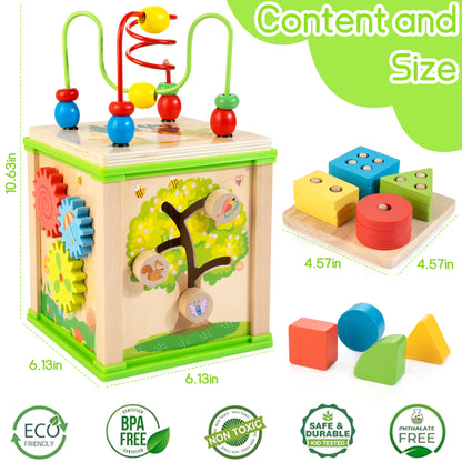 WOODMAM Wooden 7-in-1 Activity Cube| Montessori Toys for 1 Year Old Toddlers| Baby Educational Developmental Toys |One Year Old Boys Girls First Birthday Gifts |Bonus Sorting & Stacking Board