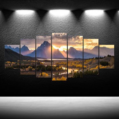 iKNOW FOTO XLarge Canvas Set of 7 Wall Art Grand Teton National Park in Autumn in Wyoming USA Landscape Picture Prints Painting Scenery Wall Decor for Home Decorations 70x32 Inches