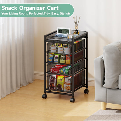 keomaisyto 5-Tier Kitchen Storage Cart with Top Basket & Drawers, Fruit and Vegetable Storage Rack on Lockable Wheels, Metal Kitchen Organization for Snacks, Potatoes, Onions, Cans & Craft Supplies
