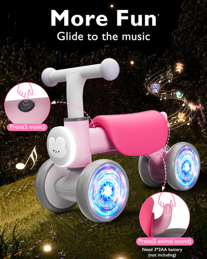 Toddler Toys Balance Bike for 1 Year Old Girl Gifts,4 Wheels Colorful Lighting with Music Baby First Bike,Toddler Girl Toys Balance Bike for 1st 2 Year Old Birthday Gifts