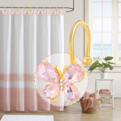 LUMITI Shower Curtain Hooks,12Pcs Rust Resistant Glitter Crystal Butterfly Metal Decorative Shower Rings Hangers for Bathroom Curtains, Clothing, Towels (Pink)