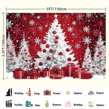 LDWLYW Snowy Christmas Backdrop Merry Christmas Holiday Birthday Party Decorations Banner Large Red White Snow Xmas Tree Winter Photography Background Wall Decor Photo Props 5x3ft