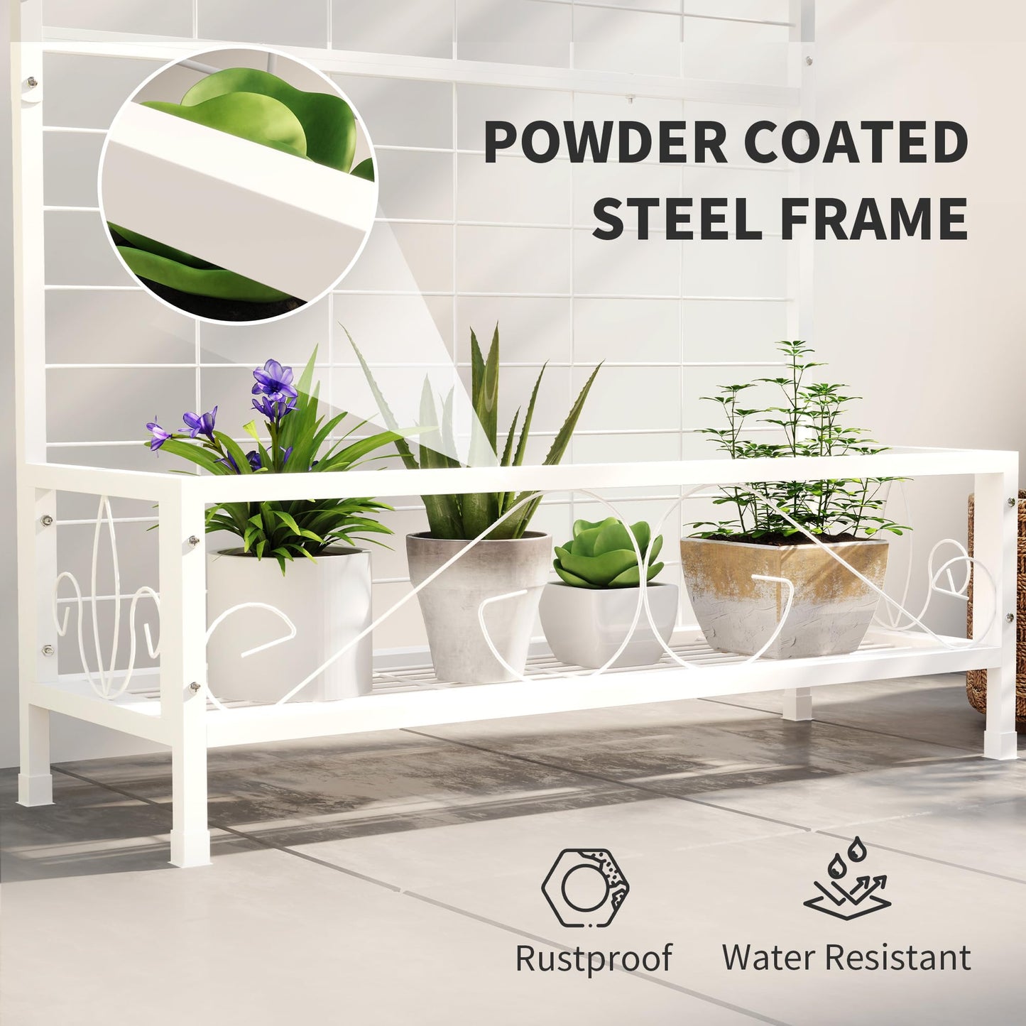 Outsunny Tall Plant Stand with Trellis and Hanging Bar, Metal Plant Holder Flower Stand for Vine Climbing Plants Flowers Indoor Outdoor Use, 36" x 12.8" x 74", White