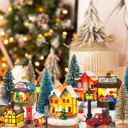 Kasyat 58 Pcs Christmas Village Sets Miniature Christmas Figurines Decoration LED Christmas Village Houses Building Resin Xmas Scene Village Accessories Ornaments for Winter Indoor Room Decor Gifts