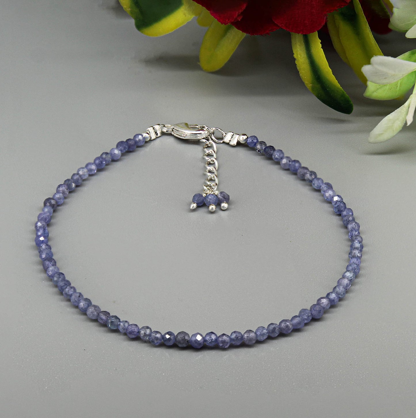Gempires Handmade Tanzanite Gemstone Beaded Bracelet for Women | 2.4–2.5 mm Faceted Natural Stone | Adjustable 7+1 Inch Silver Plated Chain | Dainty Minimalist Stacking Jewelry | December Birthstone Gift