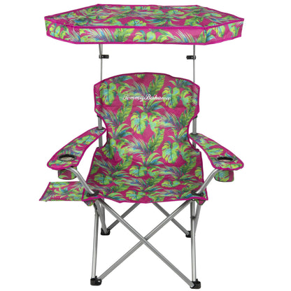 Tommy Bahama Extra-Wide Folding Beach Chair with Max Shade Canopy, Side Table, and Cup Holders, 25" W Outdoor Portable Camping Chair with Canopy, Supports up to 500 lbs., Pink/Green