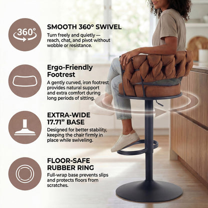 YOUNUOKE Single Swivel Bar Stool, Adjustable Height Counter Stool with Woven Back, Metal Legs & Large Footrest, Cloth Fabric Upholstery for Kitchen Island (Light Brown,1 Pack)