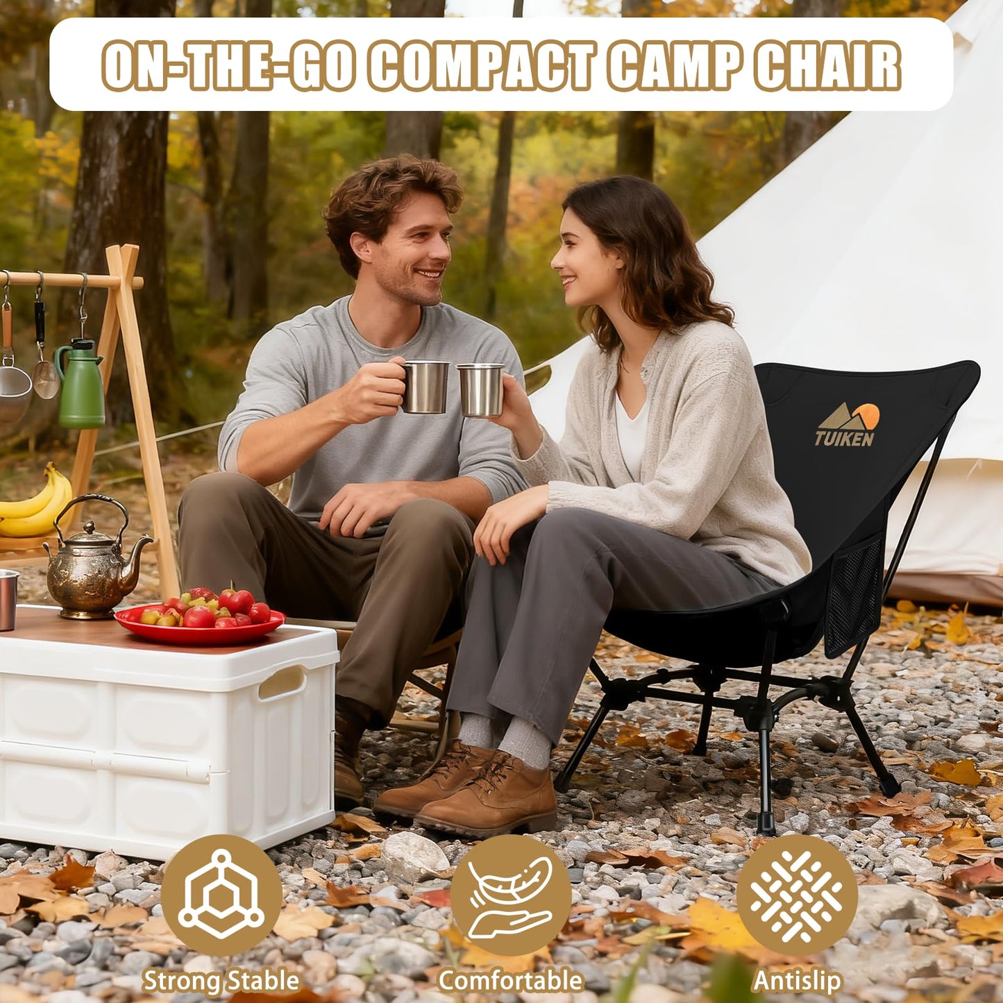 TUIKEN Ultralight Camping Chair Backpacking Chair, Portable Camp Chair with Cup Holder & Storage Bag, Lightweight Compact Folding Chair for Hiking, Travel, Picnic Mountaineering（Deep Black）