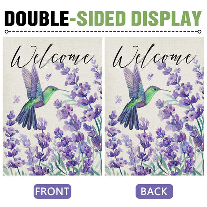 Dyrenson Welcome Spring Summer Hummingbird Lavender Decorative Garden Flag, Purple Flower Floral Yard Outside Home Decorations, Seasonal Burlap Outdoor Small Decor Double Sided 12 x 18