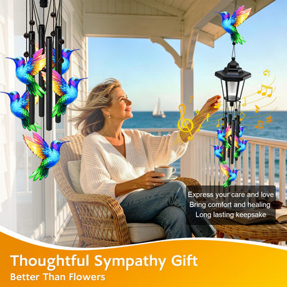 Large Solar Hummingbird Wind Chimes, Gifts for Women Mom Grandma Wife Sister Daughter Neighbor, Black Metal Wind Chimes with Wind Catcher, Solar Decor Lights for Outdoor Garden Patio Porch Window