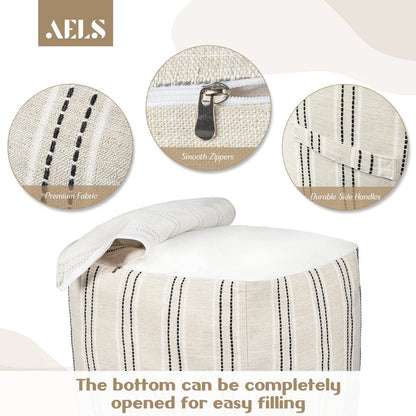 AELS Unstuffed Farmhouse Pouf Cover for Living Room, Boho Storage Bean Bag Cubes, Beige with Black Stitch Yarn Dyed Stripe Square Ottoman Pouf Foot Rest Footstool, 18"x18"x18", Cover ONLY