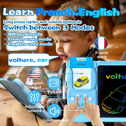 KILOGOGRAPH LCD Writing Tablet for Kids 3-12 - Talking English French Flash Cards, Bilingual 510 Sight Words, Toddler Pocket Speech, Learning Drawing Pad Board, Autism Toys for Children Boys (Blue)