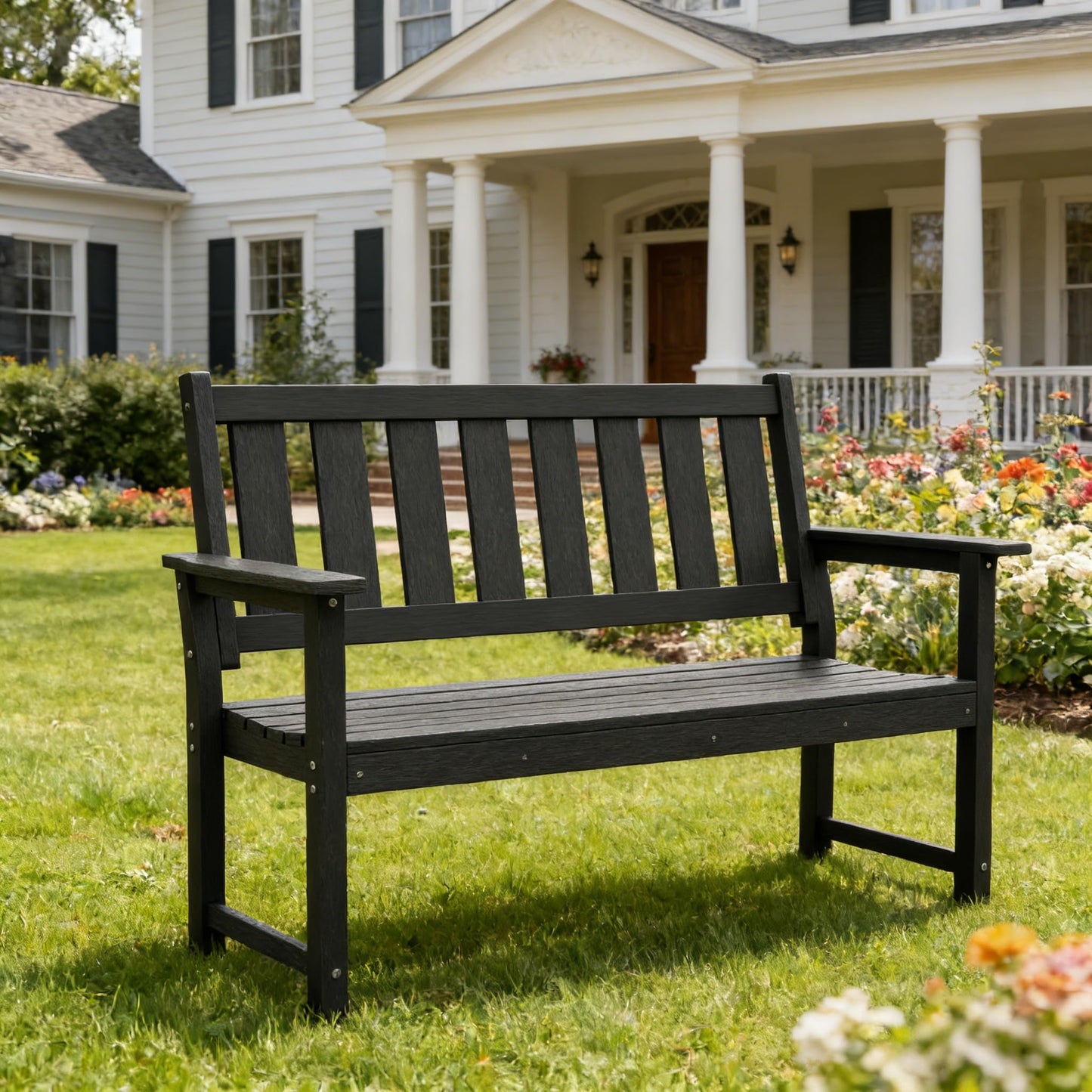 ACUEL HDPE Outdoor Bench – 50'' Weatherproof Durable Garden Bench, 2-Person Park Bench, Multi-Purpose Design Ideal for Porch, Patio, Church, and School (Black)