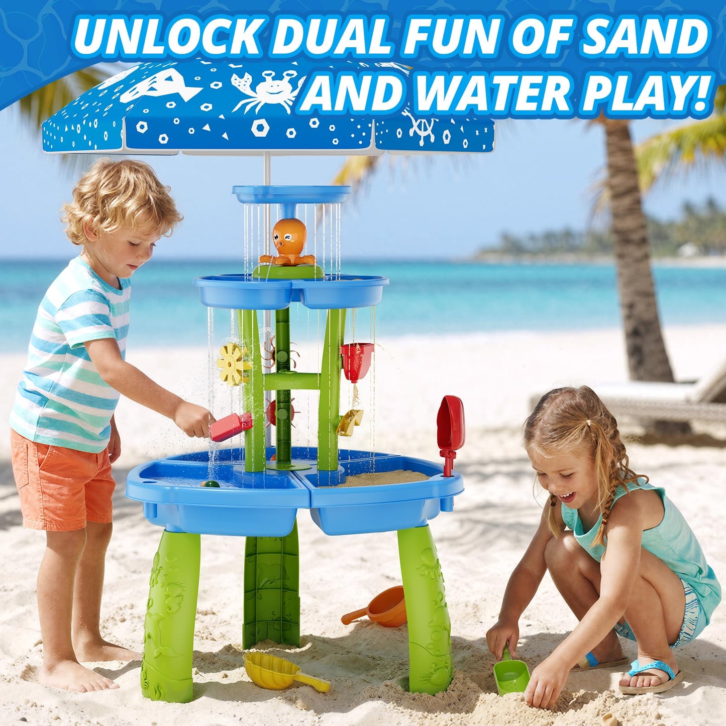 HYES Water Table for Toddlers 3-5, 3-Tier 6 Zones Water Sand Table with Umbrella, Rain Showers Splash Pond Toys for Outdoor Beach Backyard Summer, Kids Activity Sensory Playset for Boys Girls, Blue
