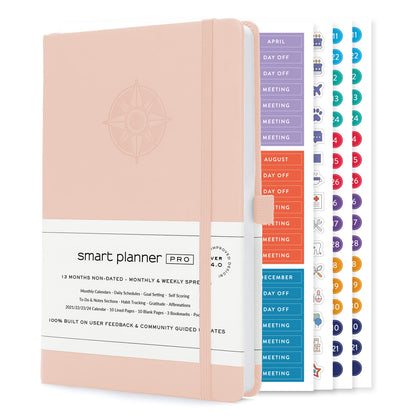 Smart Planner Pro – Undated Daily Planner – Small A5 – Achieve Goals & Increase Productivity – Weekly, Monthly, Work Sections, Organizer Diary with Back Pocket, 3 Satin Bookmarks & Pen Holder