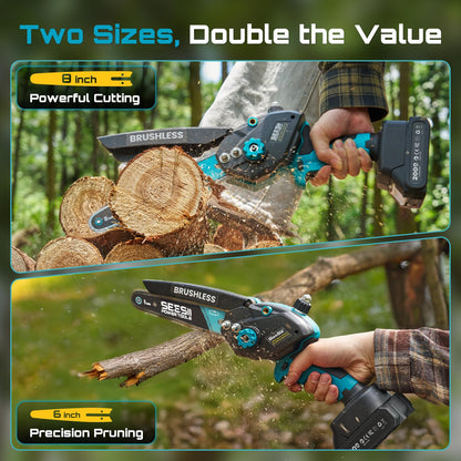 Seesii Mini Chainsaw Cordless, 8 Inch & 6 Inch Electric Chainsaw with 2 Batteries & Auto Oiler, 1000W Brushless Handheld Chain Saw for Tree Branch Wood Cutting, Garden Tools Gift for Men Dad Husband
