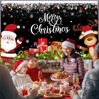 Irenare Christmas Banner Backdrop, Black Santa Claus Reindeer Merry Christmas Banner 72.8 X 43.3 Inch Indoor for Xmas Holiday Party Photo Booth Photography Wall Hanging Decor