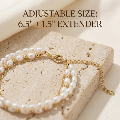 Pearl Bracelets for Women - 3 Pcs Gold Tone Dainty Beaded Bracelet Set - Minimalist Layered Simulated Pearl Link Chain Jewelry for Wedding Bridesmaid Party (White & Gold)