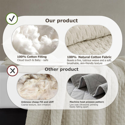 palassio Beige 100% Cotton Quilt Queen Size Bedding Sets with 2 Pillow Shams, Textured Lightweight Soft Bedspread Shabby Chic Coverlet, Neutral Quilted Comforter Bed Cover for All Season, 3 Pieces