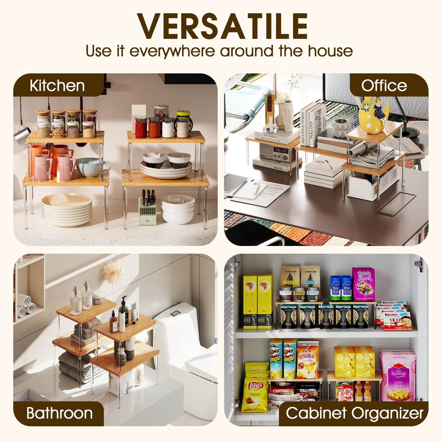 Jolitac Cabinet Organizer Shelf - Set of 2 Clear Acrylic Spice Rack, Stackable Pantry Storage Shelves for Kitchen Counter, Bathroom, Desk - Multi-Purpose Bamboo Space Saving Shelves, Easy Assembly