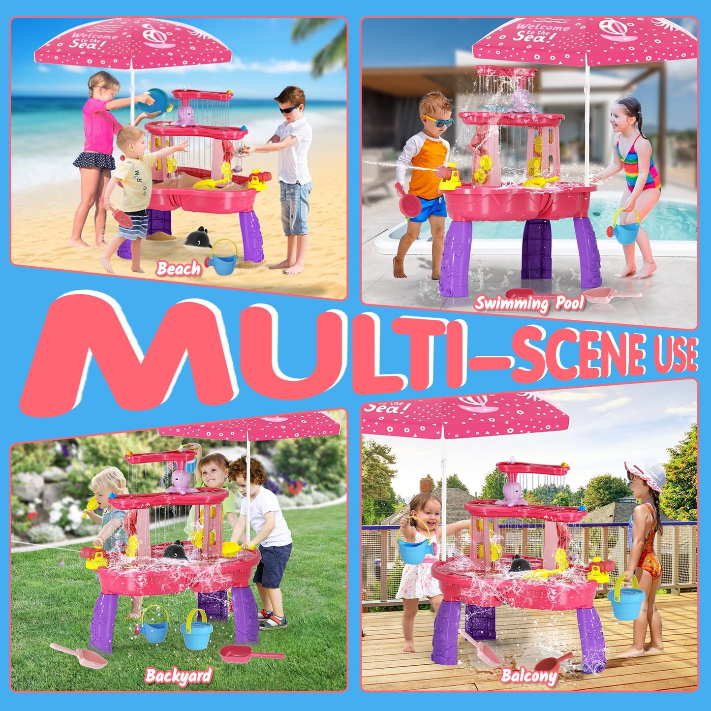 2026 Sand Water Table Toys for Toddlers 1-3 3-5 with Umbrella, 3-Tier Kids Outdoor Water Tables Toy, Auto Electric Pump Sensory Play Water Table for Girls 4-8, Beach Summer Water Toy, Pink&Purple