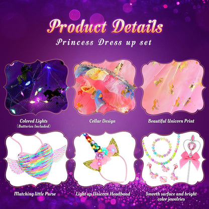 Fedio Princess Dress up for Girls,Unicorn Light up Princess Cape Set,Light up Princess Dress with Unicorn Toys for Girls 3-8 Halloween Pink