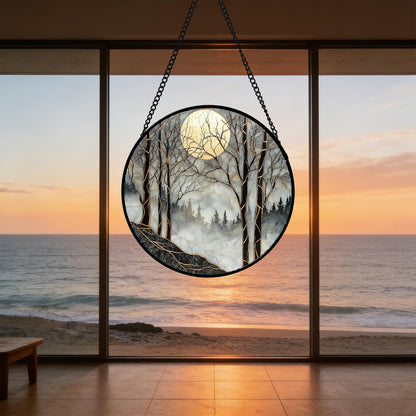 AMDERVEN Stained Glass Window Hanging - Black and White Gold Moon Forest Sun Catcher for Door Home Decor Suncatcher Christmas Mother's Day Birthday Gifts for Women Men Lovers Mom Nana 7.8 in