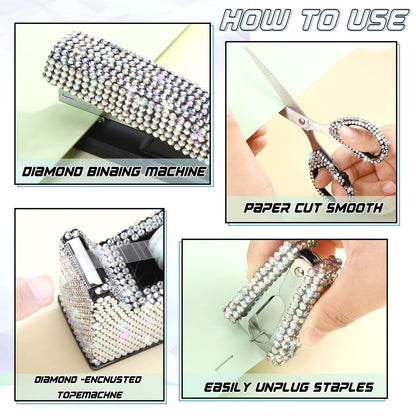 Teling 10 Pcs Bling Office Accessories for Desk Bling Crystal Office Supplies Set Desk Accessory Kit Glitter Stapler Staple Remover Tape Dispenser Diamond Pen Scissors for Women Home(Silver)